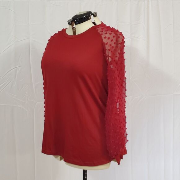 Bloomchic Blouse Women's Large12 Red Solid Long Mesh Sleeve w/ Fabric Dots - Picture 2 of 8